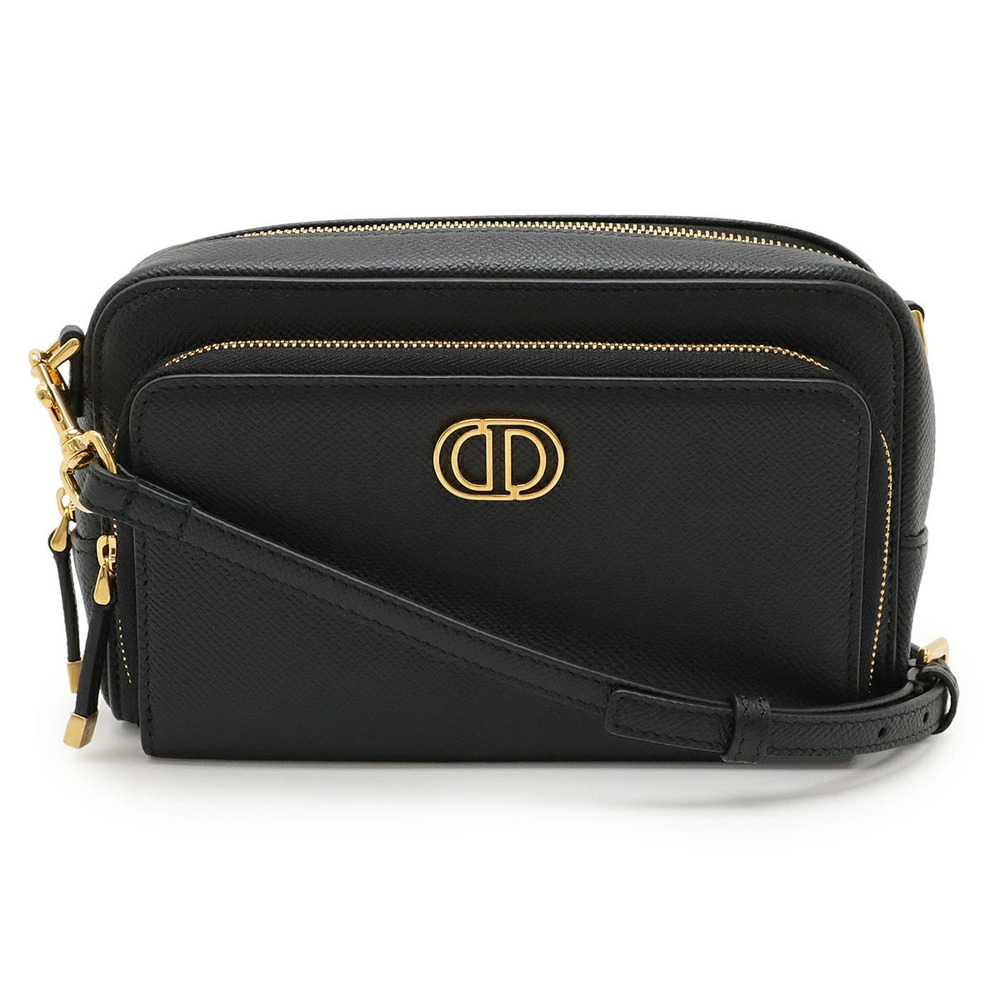 Christian Dior Caro Double Pouch Clutch Shoulder Bag Leather Black